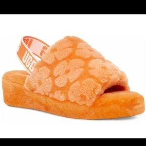 UGG Fluff Yeah Slide Poppy slipper sandal fuzzy orange sheepskin elastic strap 9